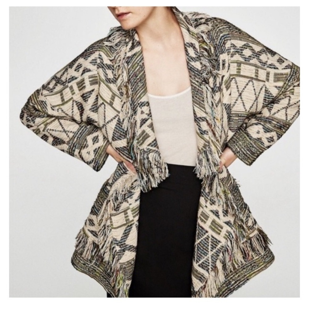 Zara Basic Geometric Tribal Fringe Tapestry Open Front Cardigan Jacket Oversized